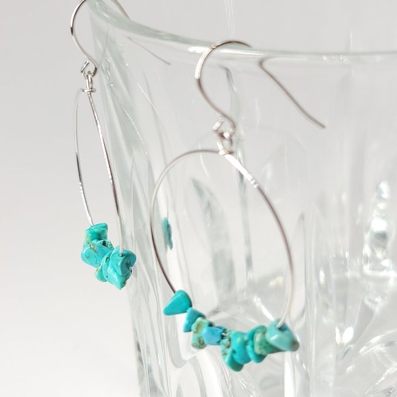 NEW Natural Turquoise Stones Wire Hoop Earrings - Picture 2 of 10